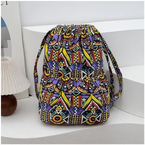 Ethnic stripe patchwork canvas backpack with drawstring closure and large capacity