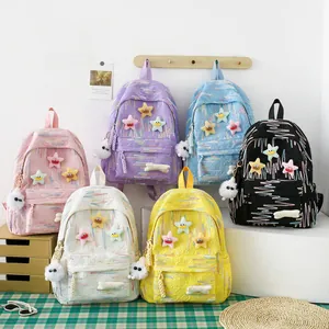 Cute Japanese style large capacity backpacks in six pastel colors with star embroidery