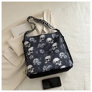 Close-up of nylon crossbody bag with gothic skull floral print and LOVE patterned strap