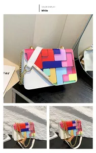 Detail of white leather mini bag featuring colorful geometric patterns and gold chain