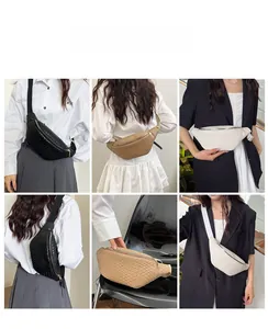 Vista dettagliata della borsa a mezzaluna intrecciata nei colori nero, beige e bianco