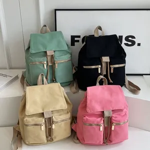 Mochila de Lona con Cordón para Mujer Vintage Multibolsillos Bolsa de Escuela de Viaje Mochila de Cubo con Solapa
