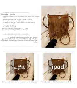 Brown faux suede crossbody bag with long tassels and compact storage view detail