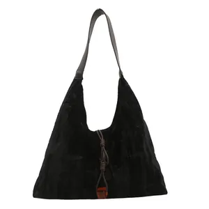 Large capacity black velvet tote bag with bamboo pattern embossing and resin charm