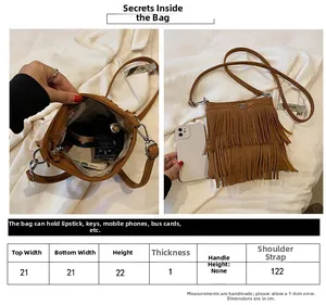 Detailed size guide and interior capacity for the brown suede fringe crossbody bag