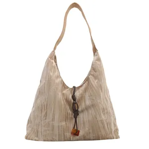 New Chinese style tote bag with champagne pleated fabric and elegant bamboo leaf pattern
