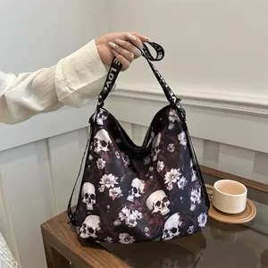 Women's summer nylon crossbody bag with skull floral print and LOVE lettered strap