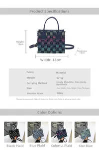 Spécifications de taille et détails du tissu pour ce sac bandoulière à carreaux à franges