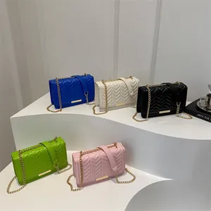Women Fashion PU Leather Small Square Bag With V-Shaped Quilting Gold Chain Strap Crossbody Shoulder Bag For Daily Commuting
