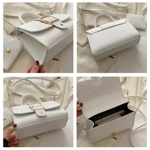 Detailed four-view display of a white litchi pattern bag with gold buckle and mini pouch