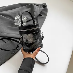 Women Butterfly Embroidery Bucket Bag PU Leather Cylinder Crossbody Bag Fashion Printed Small Handbag Casual Daily Shoulder Bag