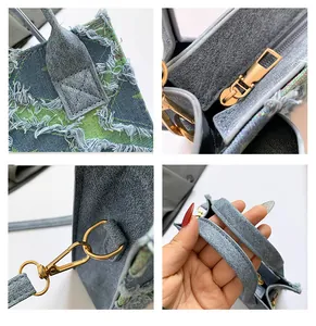 Détails du sac fourre-tout en jean avec bords effilochés et ferrures dorées chic