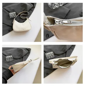Detail shots of the beige quilted crescent bag showing zipper hardware and interior