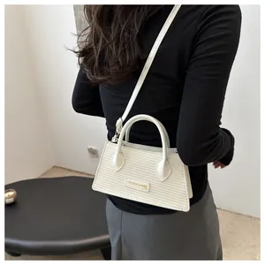 Close-up of white woven small crossbody bag with adjustable strap and metal logo