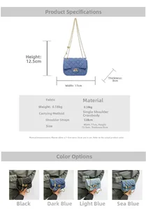 Detailed size chart and four-color display of quilted chain crossbody bag for women