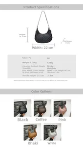 Detailed size chart and five color options for the monogram crescent shoulder bag
