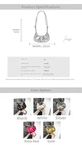 Detailed size guide and color options for the pleated PU leather crossbody dumpling bag