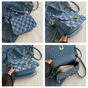 Vues détaillées du sac bandoulière en denim à carreaux avec fermoir doré