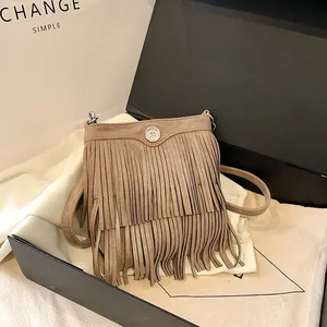 Women's Vintage Bohemian Faux Suede Tassel Crossbody Bag Adjustable Shoulder Strap Fringe Small Shoulder Bag For Daily Use