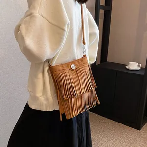 Vintage brown frosted fringe crossbody bag with double layer tassels and silver metal buckle