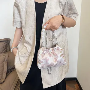 Damen Eimertasche Im Neuchinesischen Stil Mit Schmetterlingsstickerei Satin Handtasche Mit Künstliche Perlengriff Silberkette Elegante Tasche