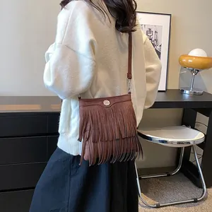 Retro dark brown frosted suede fringe crossbody bag with bohemian tassel design for women