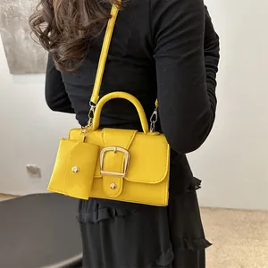 Fashionable bright yellow square handbag with gold buckle and mini coin purse for women