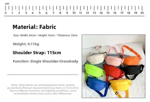 Detailed size chart showing eight colors of lightweight crossbody fanny packs for travel