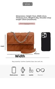 Guide des tailles du sac à chaîne matelassé: 22cm x 15cm x 6cm avec détails de capacité et poids