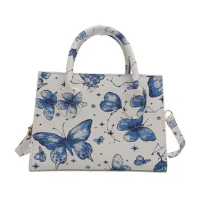 New Chinese style large capacity tote bag with blue butterfly and star patterns
