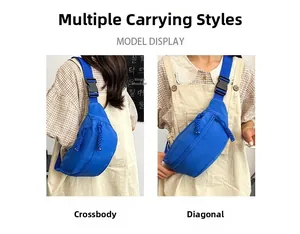 Detail of bright blue nylon crossbody bag showing adjustable strap and buckle closure