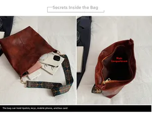 Detail view of large brown leather tote bag interior and colorful woven shoulder strap