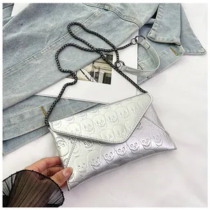 Detailed view of silver envelope bag with embossed skull patterns and black chain strap