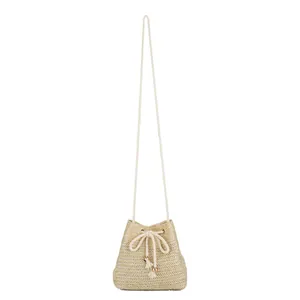 Bolso saco de paja a la moda con cordón ajustable y correa larga de cuerda cruzada