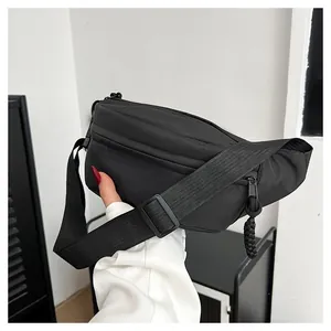Detail of black nylon crossbody bag with adjustable strap and durable zipper closures