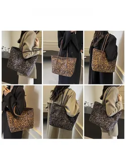 Collage of model wearing brown and grey leopard print tote bags in various outfits