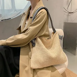 Women Casual Straw Woven Tote Bag With Houndstooth Pattern Fabric Bow Shoulder Strap Beach Vacation Large Capacity Handbag