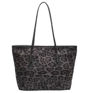 Retro grey leopard print tote bag with black leather straps and large capacity for women