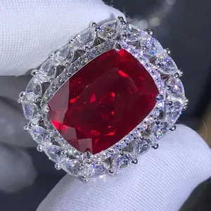 Luxury 925 Sterling Silver Ring With Large Cushion Cut Synthetic Ruby Double Halo Zirconia Engagement Wedding Ring For Women