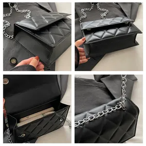 Detailed views of black quilted faux leather crossbody bag with silver chain strap