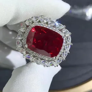 Luxurious S925 silver ring with 10ct cushion-cut ruby and double halo stones