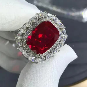 Exquisite S925 silver ring featuring a 10ct rectangle ruby with a halo of diamond accents