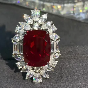 Luxurious silver ring with 10ct cushion-cut red ruby surrounded by marquise diamonds