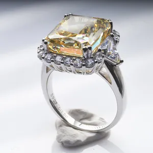Macro detail of 10ct radiant cut yellow gemstone ring in S925 sterling silver