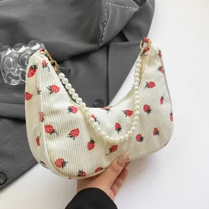 Women Corduroy Strawberry Print Crescent Underarm Bag With Faux Artificial Pearl Handle Or Metal Chain Fresh Hobo Shoulder Bag