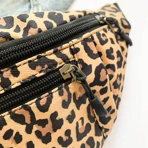 Leopard print nylon waist bag with dual zippers for casual sports and travel use