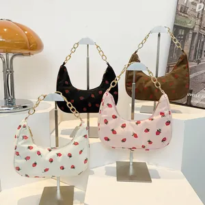 Corduroy crescent shoulder bags with strawberry embroidery and gold chain straps