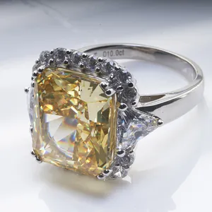 Detail showing the 10.0ct hallmark on inner band of yellow radiant cut diamond ring