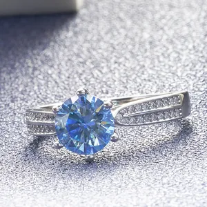 Classic royal blue moissanite engagement ring with 6-prong setting in silver band