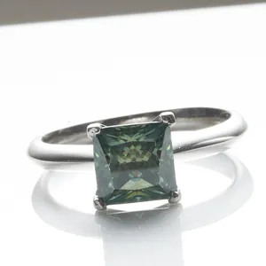 Princess cut bluish green moissanite ring in 925 sterling silver with four-prong setting